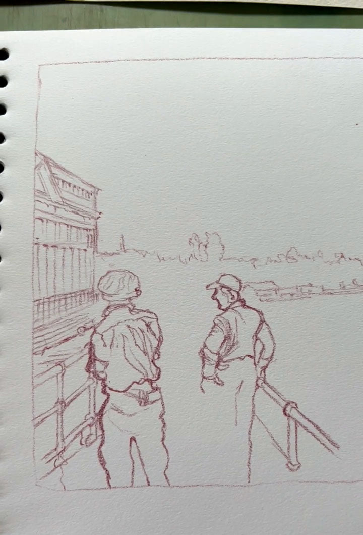 A sketch of two men standing by a railing, looking out over the Niagara River, Niagara Falls, drawn in red pencil on white paper from a spiral notebook.